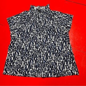 Pinch high neck ruffle blue and white patterned top